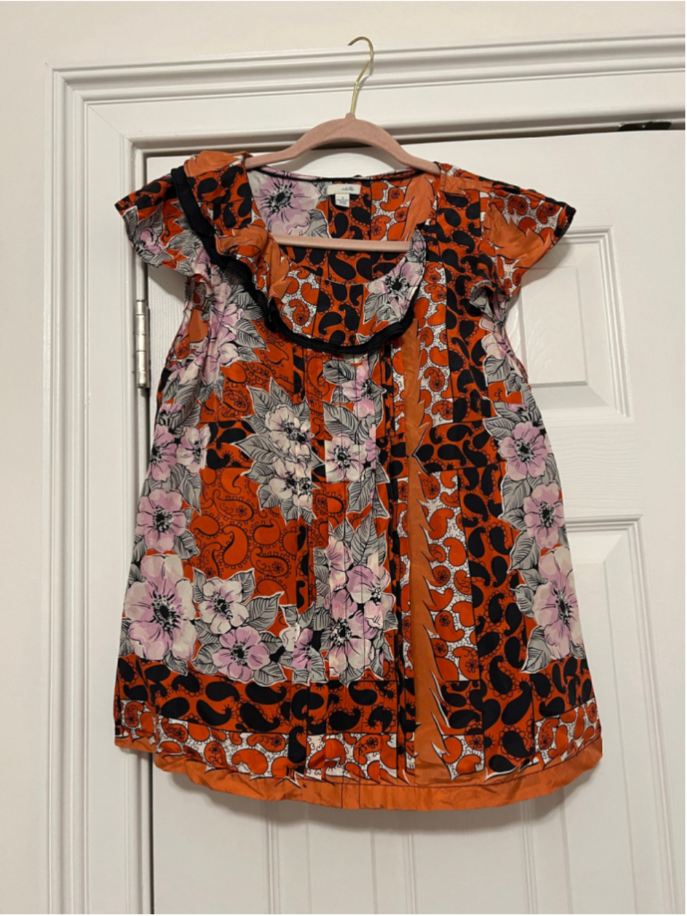 Women's Odille Silk Ruffle Blouse Size 4 Coral Black Floral Paisley Print